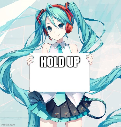 Hatsune Miku holding a sign | HOLD UP | image tagged in hatsune miku holding a sign | made w/ Imgflip meme maker