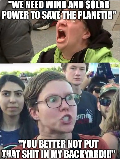 Triggered libs are hypocrites | "WE NEED WIND AND SOLAR POWER TO SAVE THE PLANET!!!"; "YOU BETTER NOT PUT THAT SHIT IN MY BACKYARD!!!" | image tagged in triggered,triggered feminist,triggered liberal | made w/ Imgflip meme maker