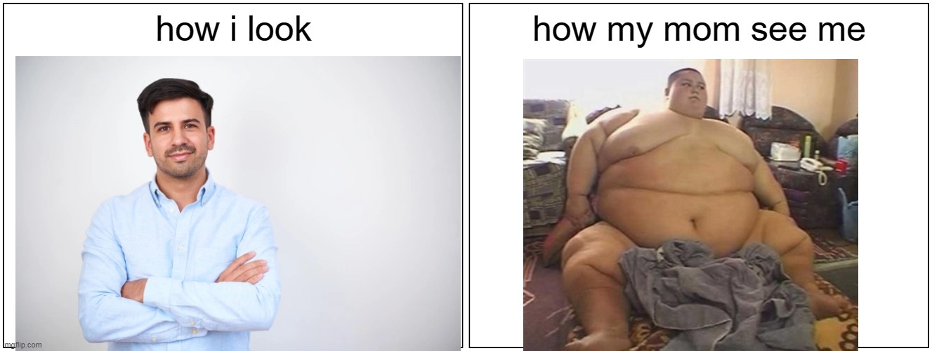 xd |  how i look; how my mom see me | image tagged in memes,blank comic panel 2x1,moms,fat guy | made w/ Imgflip meme maker