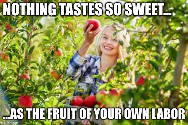 Read More by Reid Moore | NOTHING TASTES SO SWEET... ...AS THE FRUIT OF YOUR OWN LABOR | image tagged in funny,quote,reid moore,wisdom,apple | made w/ Imgflip meme maker