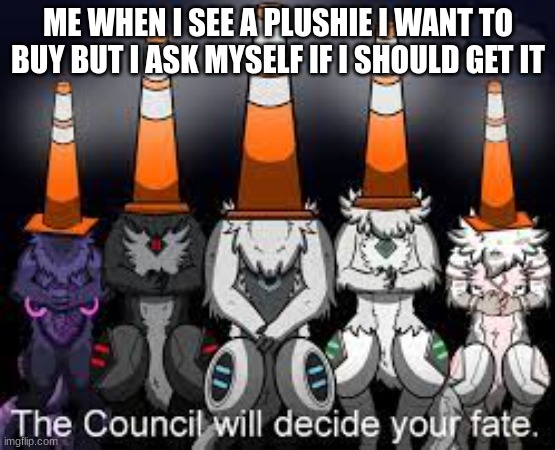 hmm | ME WHEN I SEE A PLUSHIE I WANT TO BUY BUT I ASK MYSELF IF I SHOULD GET IT | image tagged in the furry council will decide your fate | made w/ Imgflip meme maker