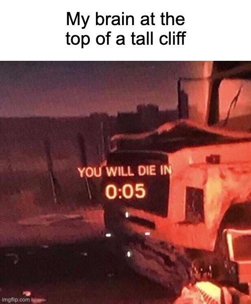 You will die in 0:05 | My brain at the top of a tall cliff | image tagged in you will die in 0 05 | made w/ Imgflip meme maker