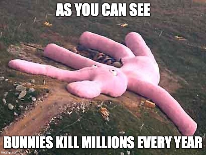 Pink Plush Bunny | AS YOU CAN SEE; BUNNIES KILL MILLIONS EVERY YEAR | image tagged in rabbit,memes | made w/ Imgflip meme maker