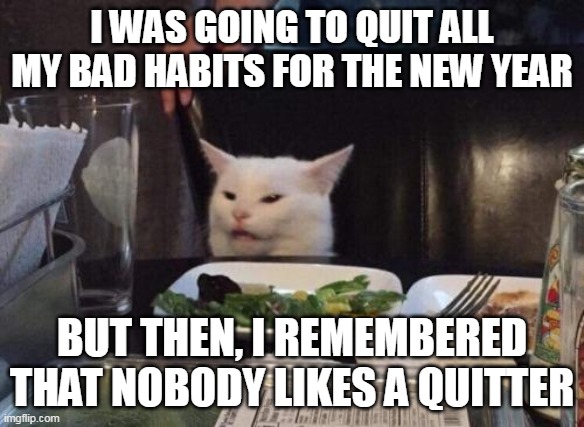 Not Aiming at Good Deeds |  I WAS GOING TO QUIT ALL MY BAD HABITS FOR THE NEW YEAR; BUT THEN, I REMEMBERED THAT NOBODY LIKES A QUITTER | image tagged in salad cat,meme,memes,new year resolutions,happy new year | made w/ Imgflip meme maker