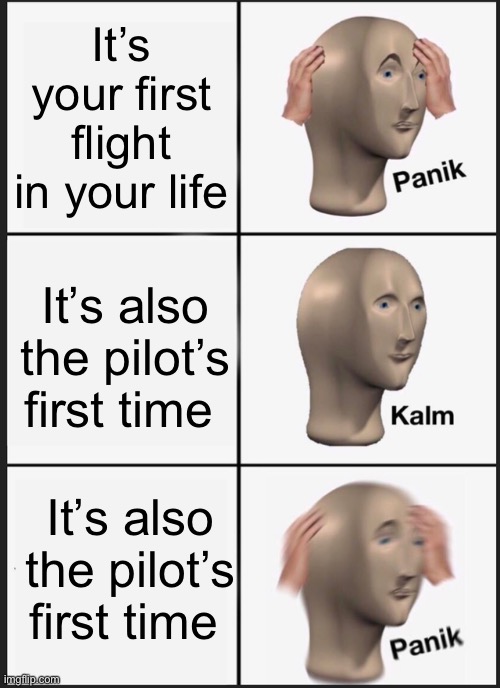 Nah I’m out | It’s your first flight in your life; It’s also the pilot’s first time; It’s also the pilot’s first time | image tagged in memes,panik kalm panik,uh,oh wow are you actually reading these tags,gif | made w/ Imgflip meme maker