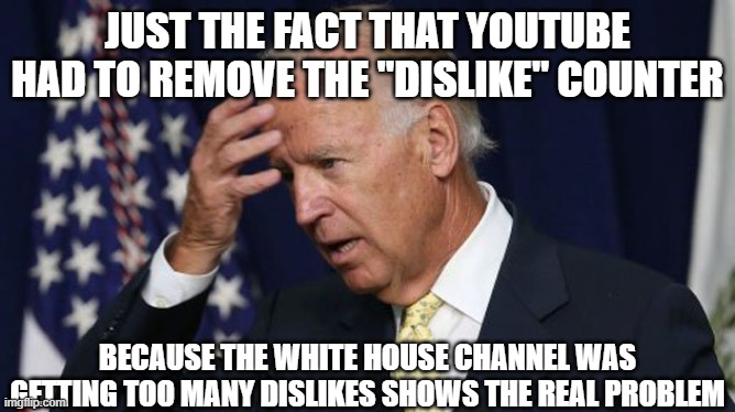 Joe Biden worries | JUST THE FACT THAT YOUTUBE HAD TO REMOVE THE "DISLIKE" COUNTER BECAUSE THE WHITE HOUSE CHANNEL WAS GETTING TOO MANY DISLIKES SHOWS THE REAL  | image tagged in joe biden worries | made w/ Imgflip meme maker