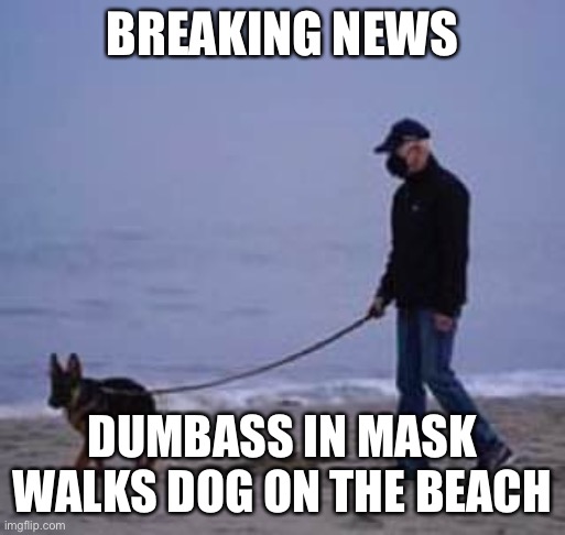 Biden walking dog | BREAKING NEWS; DUMBASS IN MASK WALKS DOG ON THE BEACH | image tagged in biden walking dog | made w/ Imgflip meme maker