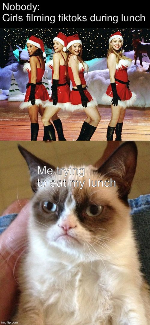 I'm just trying to eat my lunch, stop twerking! | Nobody:
Girls filming tiktoks during lunch; Me trying to eat my lunch | image tagged in mean girls santa dance outfits,memes,grumpy cat | made w/ Imgflip meme maker