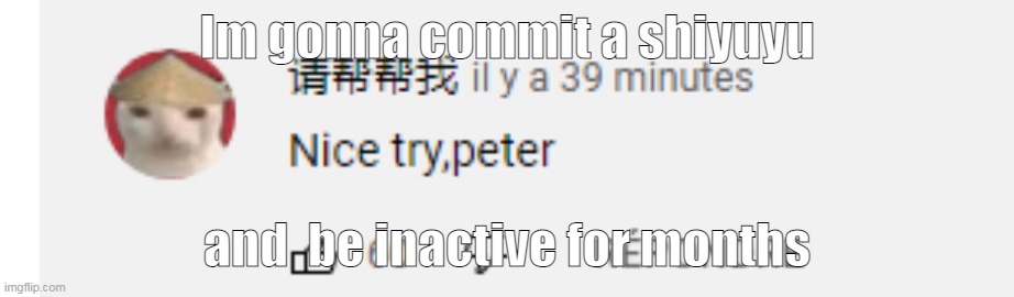 Shut up i hate this stream i hate this place i hate imgflip you fucking ruined my grades and my mental health i hate you all | Im gonna commit a shiyuyu; and  be inactive for months | image tagged in nice try peter | made w/ Imgflip meme maker