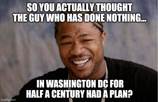 For real. His track record is terrible. | SO YOU ACTUALLY THOUGHT THE GUY WHO HAS DONE NOTHING... IN WASHINGTON DC FOR HALF A CENTURY HAD A PLAN? | image tagged in memes,yo dawg heard you | made w/ Imgflip meme maker