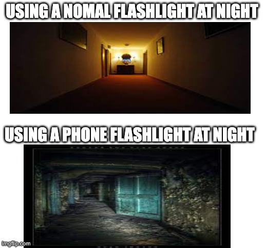 Spokky | USING A NOMAL FLASHLIGHT AT NIGHT; USING A PHONE FLASHLIGHT AT NIGHT | image tagged in blank white template | made w/ Imgflip meme maker