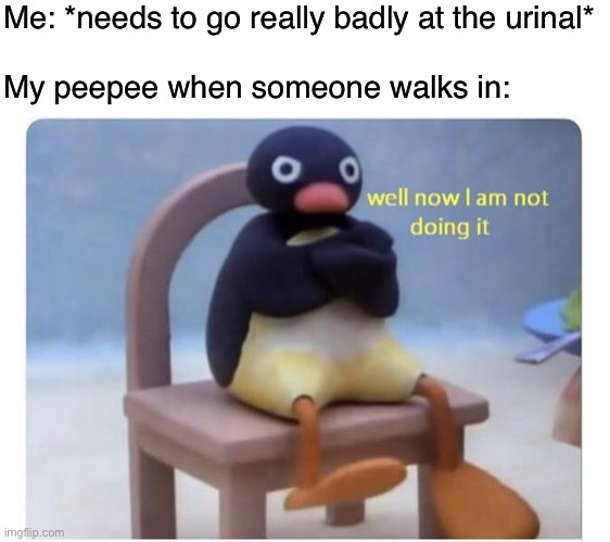 I HATE IT | Me: *needs to go really badly at the urinal*
 
My peepee when someone walks in: | image tagged in well now i am not doing it | made w/ Imgflip meme maker