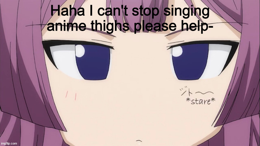 ~ S w o r d F i g h t i n g w i t h m y p e n i s ~ | Haha I can't stop singing anime thighs please help- | image tagged in kiriha stare | made w/ Imgflip meme maker