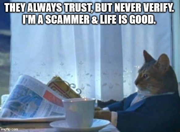 I Should Buy A Boat Cat Meme | THEY ALWAYS TRUST, BUT NEVER VERIFY. 

I'M A SCAMMER & LIFE IS GOOD. | image tagged in memes,i should buy a boat cat | made w/ Imgflip meme maker