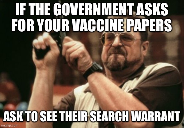 4th amendment. Try reading it sometime | IF THE GOVERNMENT ASKS FOR YOUR VACCINE PAPERS; ASK TO SEE THEIR SEARCH WARRANT | image tagged in memes,am i the only one around here | made w/ Imgflip meme maker