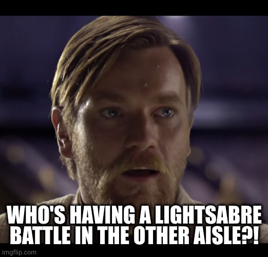 Hello there | WHO'S HAVING A LIGHTSABRE BATTLE IN THE OTHER AISLE?! | image tagged in hello there | made w/ Imgflip meme maker