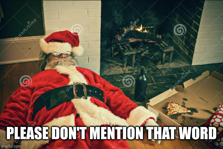 Tired Santa | PLEASE DON'T MENTION THAT WORD | image tagged in tired santa | made w/ Imgflip meme maker