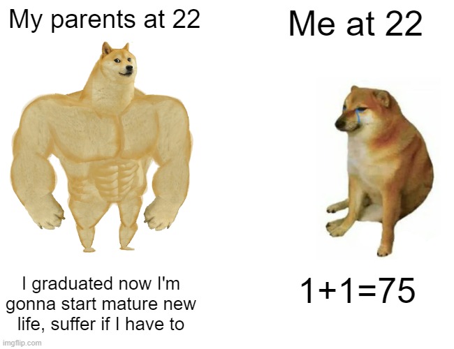 Heheheh | My parents at 22; Me at 22; I graduated now I'm gonna start mature new life, suffer if I have to; 1+1=75 | image tagged in memes,buff doge vs cheems | made w/ Imgflip meme maker