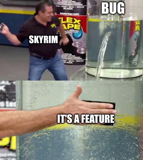 skyrim... | BUG; SKYRIM; IT'S A FEATURE | image tagged in flex tape,skyrim meme | made w/ Imgflip meme maker