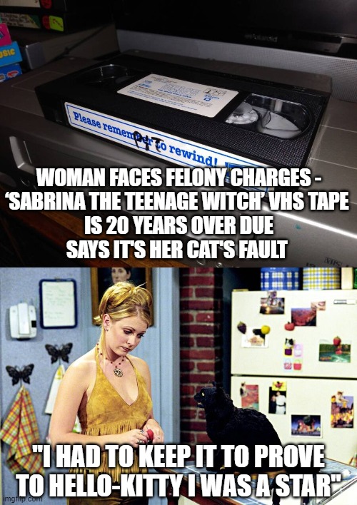 Blockbuster - Sabrina the Teenage Witch | WOMAN FACES FELONY CHARGES -
‘SABRINA THE TEENAGE WITCH’ VHS TAPE 
IS 20 YEARS OVER DUE
SAYS IT'S HER CAT'S FAULT; "I HAD TO KEEP IT TO PROVE TO HELLO-KITTY I WAS A STAR" | image tagged in cats,witche,sabrina,tv shows | made w/ Imgflip meme maker