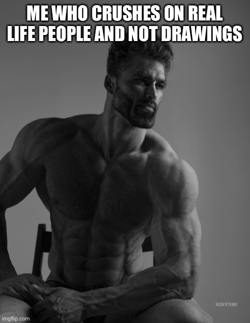 Giga Chad | ME WHO CRUSHES ON REAL LIFE PEOPLE AND NOT DRAWINGS | image tagged in giga chad | made w/ Imgflip meme maker