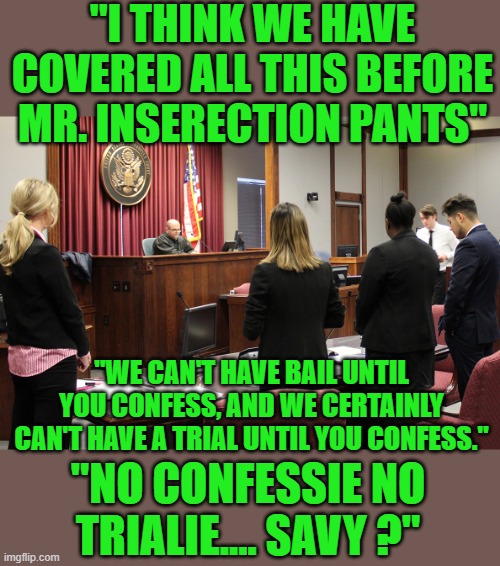 yep | "I THINK WE HAVE COVERED ALL THIS BEFORE MR. INSERECTION PANTS"; "WE CAN'T HAVE BAIL UNTIL YOU CONFESS, AND WE CERTAINLY CAN'T HAVE A TRIAL UNTIL YOU CONFESS."; "NO CONFESSIE NO TRIALIE.... SAVY ?" | image tagged in doj | made w/ Imgflip meme maker