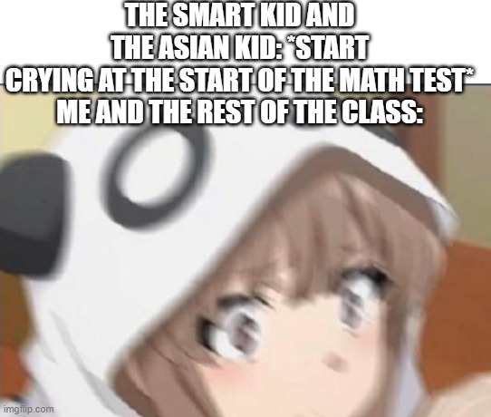 THE SMART KID AND THE ASIAN KID: *START CRYING AT THE START OF THE MATH TEST*

ME AND THE REST OF THE CLASS: | image tagged in oh no,anime girl | made w/ Imgflip meme maker