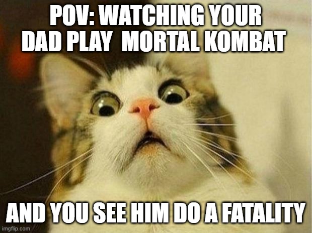 Scared Cat | POV: WATCHING YOUR DAD PLAY  MORTAL KOMBAT; AND YOU SEE HIM DO A FATALITY | image tagged in memes,scared cat | made w/ Imgflip meme maker