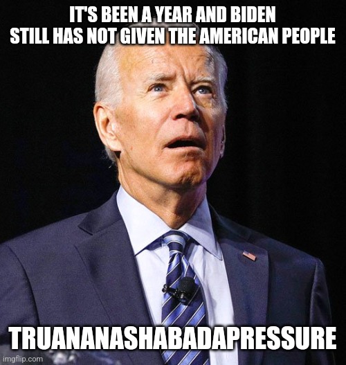 Great job Lauren. | IT'S BEEN A YEAR AND BIDEN STILL HAS NOT GIVEN THE AMERICAN PEOPLE; TRUANANASHABADAPRESSURE | image tagged in joe biden | made w/ Imgflip meme maker