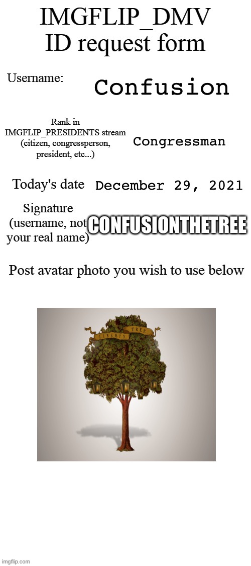 DMV ID Request Form | Confusion; Congressman; December 29, 2021; CONFUSIONTHETREE | image tagged in dmv id request form | made w/ Imgflip meme maker