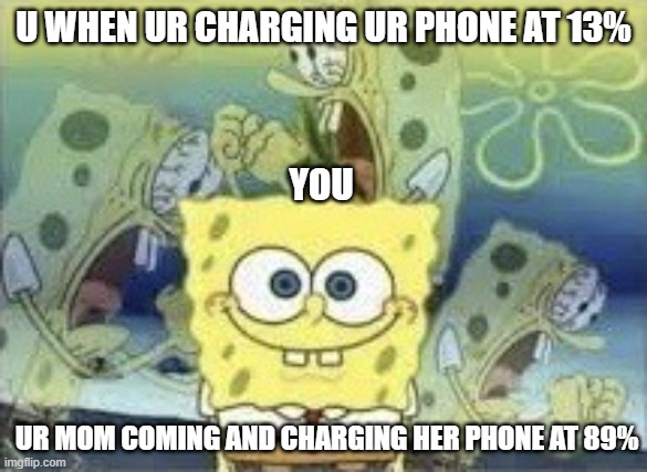 charging phone | U WHEN UR CHARGING UR PHONE AT 13%; YOU; UR MOM COMING AND CHARGING HER PHONE AT 89% | image tagged in funny | made w/ Imgflip meme maker