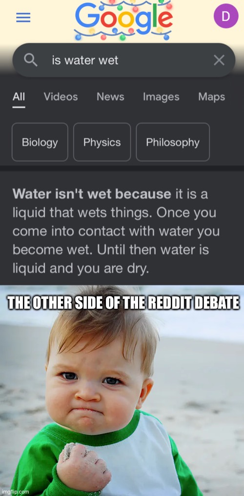 Is water wet? | THE OTHER SIDE OF THE REDDIT DEBATE | image tagged in funny | made w/ Imgflip meme maker