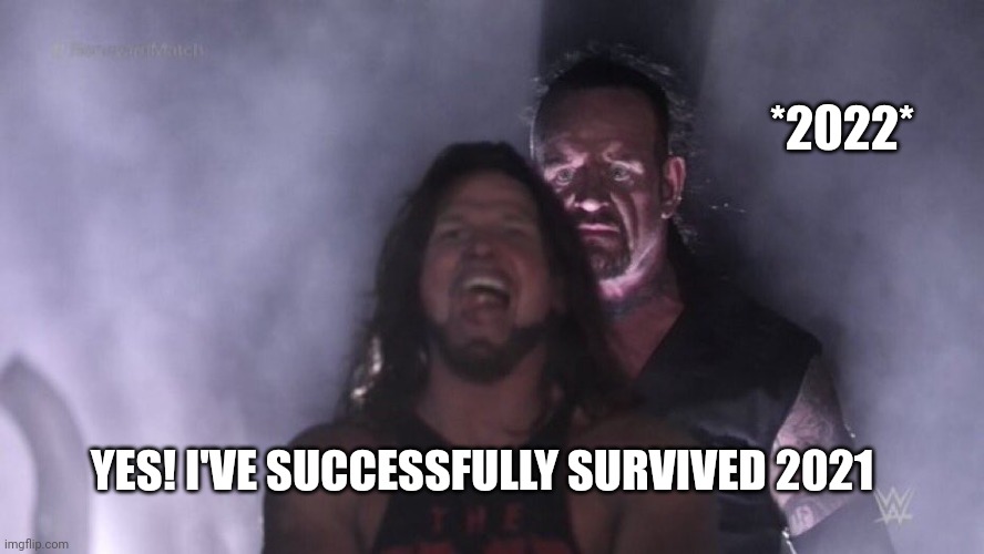 What awaits in the next year | *2022*; YES! I'VE SUCCESSFULLY SURVIVED 2021 | image tagged in aj styles undertaker | made w/ Imgflip meme maker
