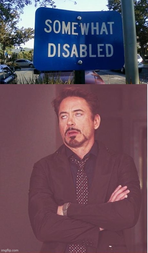 Somewhat Disabled | image tagged in memes,face you make robert downey jr,you had one job,meme,stupid signs,disabled | made w/ Imgflip meme maker