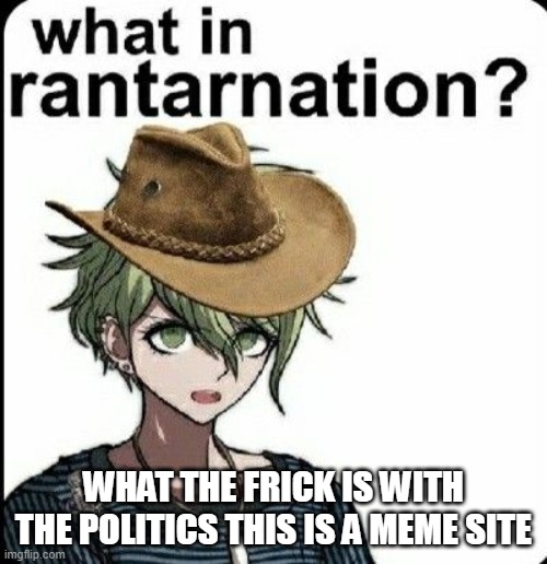 what in rantarnation | WHAT THE FRICK IS WITH THE POLITICS THIS IS A MEME SITE | image tagged in what in rantarnation | made w/ Imgflip meme maker