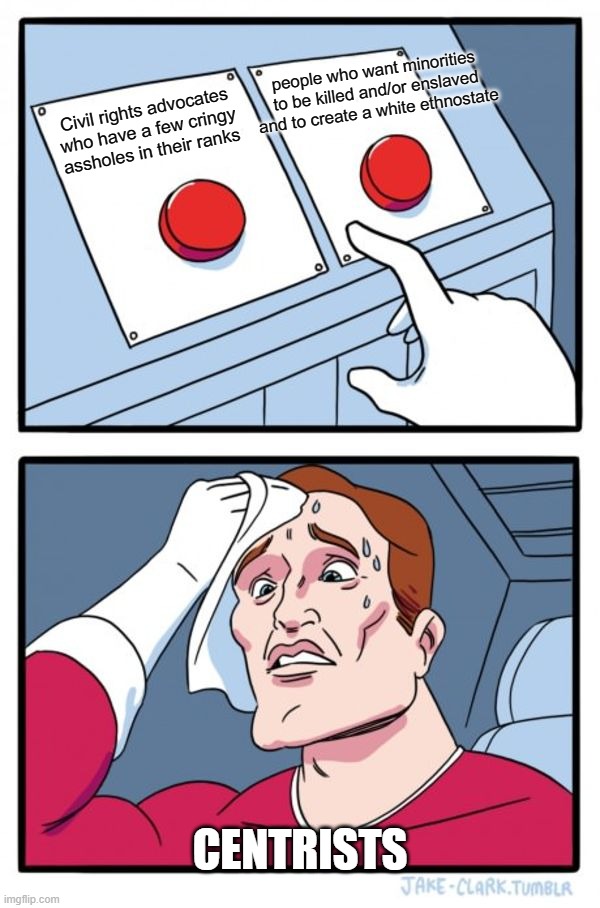 Two Buttons Meme | people who want minorities to be killed and/or enslaved and to create a white ethnostate; Civil rights advocates who have a few cringy assholes in their ranks; CENTRISTS | image tagged in memes,two buttons | made w/ Imgflip meme maker