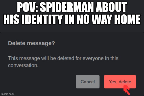 delete message? | POV: SPIDERMAN ABOUT HIS IDENTITY IN NO WAY HOME | image tagged in delete message | made w/ Imgflip meme maker