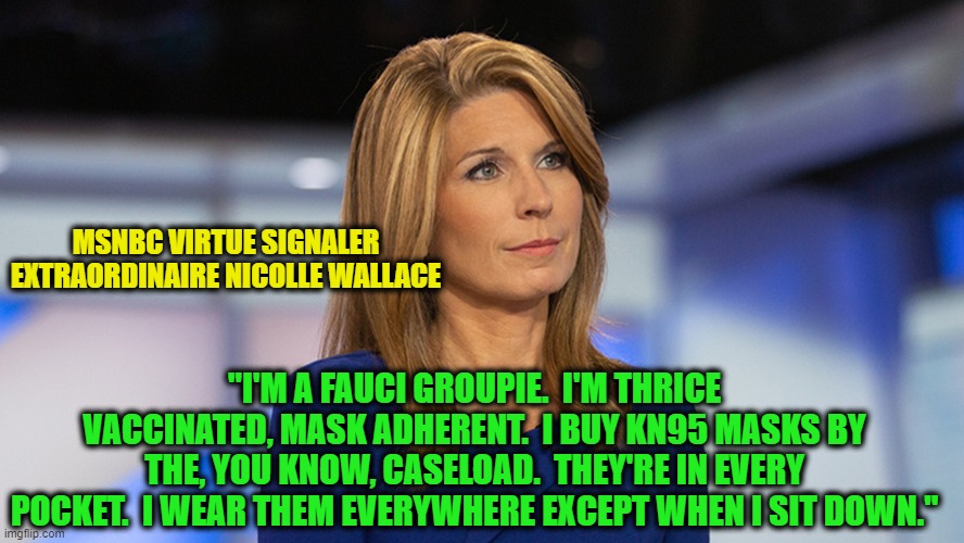 Deluded Fauci Cultist Brags About Her Mask Fetish | MSNBC VIRTUE SIGNALER EXTRAORDINAIRE NICOLLE WALLACE; "I'M A FAUCI GROUPIE.  I'M THRICE VACCINATED, MASK ADHERENT.  I BUY KN95 MASKS BY THE, YOU KNOW, CASELOAD.  THEY'RE IN EVERY POCKET.  I WEAR THEM EVERYWHERE EXCEPT WHEN I SIT DOWN." | image tagged in covid-19,masks,msnbc,niccole wallace | made w/ Imgflip meme maker