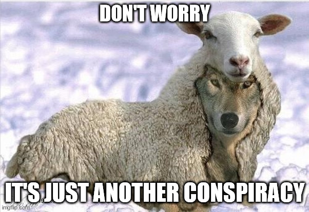 Wolf In Sheeps Clothing |  DON'T WORRY; IT'S JUST ANOTHER CONSPIRACY | image tagged in wolf in sheeps clothing | made w/ Imgflip meme maker