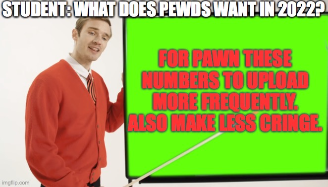 Tired of my cringe in 2021? | STUDENT: WHAT DOES PEWDS WANT IN 2022? FOR PAWN THESE NUMBERS TO UPLOAD MORE FREQUENTLY.
ALSO MAKE LESS CRINGE. | image tagged in cringe,memes,student,pewdiepie,blackboard | made w/ Imgflip meme maker
