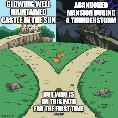 why are both of the houses on a cliff? | GLOWING WELL MAINTAINED CASTLE IN THE SUN; ABANDONED MANSION DURING A THUNDERSTORM; BOY WHO IS ON THIS PATH FOR THE FIRST TIME | image tagged in two paths,antimeme | made w/ Imgflip meme maker