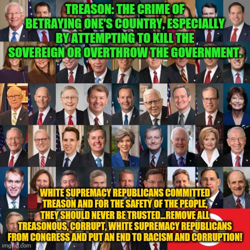 Republican Traitors | TREASON: THE CRIME OF BETRAYING ONE'S COUNTRY, ESPECIALLY BY ATTEMPTING TO KILL THE SOVEREIGN OR OVERTHROW THE GOVERNMENT. WHITE SUPREMACY REPUBLICANS COMMITTED TREASON AND FOR THE SAFETY OF THE PEOPLE, THEY SHOULD NEVER BE TRUSTED...REMOVE ALL TREASONOUS, CORRUPT, WHITE SUPREMACY REPUBLICANS FROM CONGRESS AND PUT AN END TO RACISM AND CORRUPTION! | image tagged in republican traitors | made w/ Imgflip meme maker