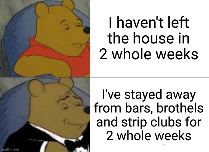 That's money well saved | I haven't left
the house in
2 whole weeks; I've stayed away
from bars, brothels
and strip clubs for
2 whole weeks | image tagged in memes,tuxedo winnie the pooh | made w/ Imgflip meme maker