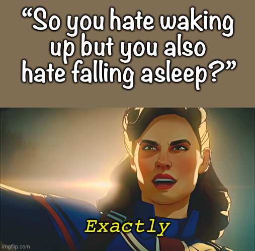 Me in a nutshell |  “So you hate waking up but you also hate falling asleep?”; Exactly | image tagged in exactly,marvel,teenagers,hate,waking up,falling asleep | made w/ Imgflip meme maker