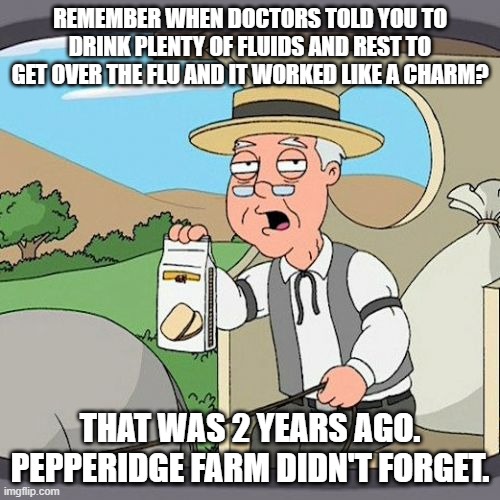 Drink Plenty of Fluids and Rest |  REMEMBER WHEN DOCTORS TOLD YOU TO DRINK PLENTY OF FLUIDS AND REST TO GET OVER THE FLU AND IT WORKED LIKE A CHARM? THAT WAS 2 YEARS AGO. PEPPERIDGE FARM DIDN'T FORGET. | image tagged in memes,pepperidge farm remembers,funny,common sense,covid | made w/ Imgflip meme maker