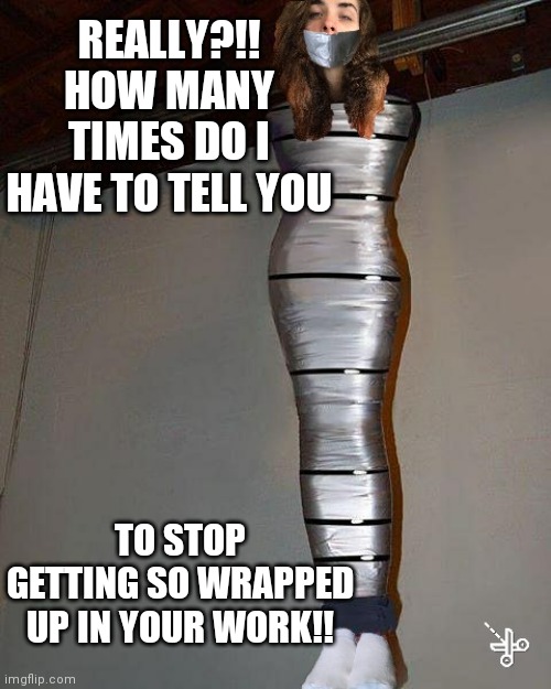 All wrapped up | REALLY?!!
HOW MANY TIMES DO I HAVE TO TELL YOU; TO STOP GETTING SO WRAPPED UP IN YOUR WORK!! | image tagged in duct tape,work,wrapping | made w/ Imgflip meme maker