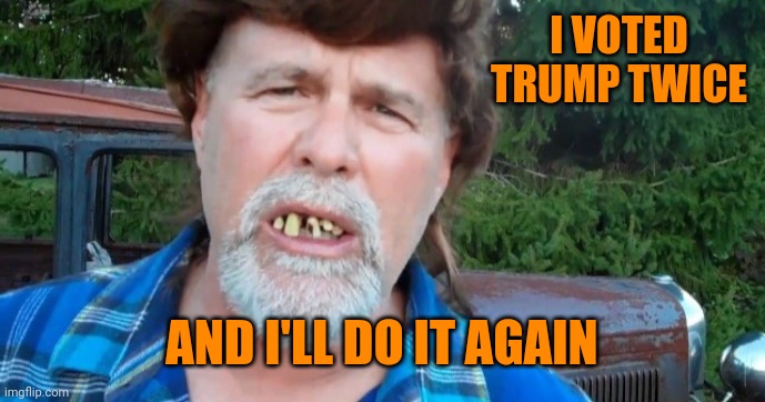 Trumper for life | I VOTED TRUMP TWICE; AND I'LL DO IT AGAIN | image tagged in angry redneck hillbilly trump voter | made w/ Imgflip meme maker