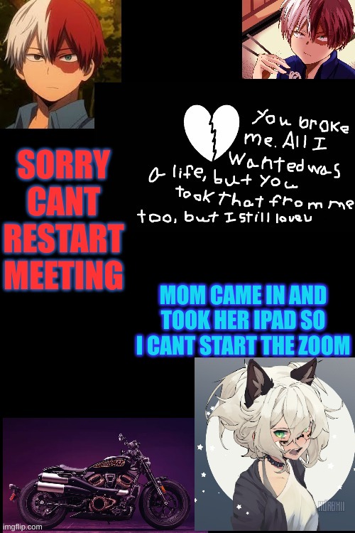no | SORRY CANT RESTART MEETING; MOM CAME IN AND TOOK HER IPAD SO I CANT START THE ZOOM | image tagged in no | made w/ Imgflip meme maker