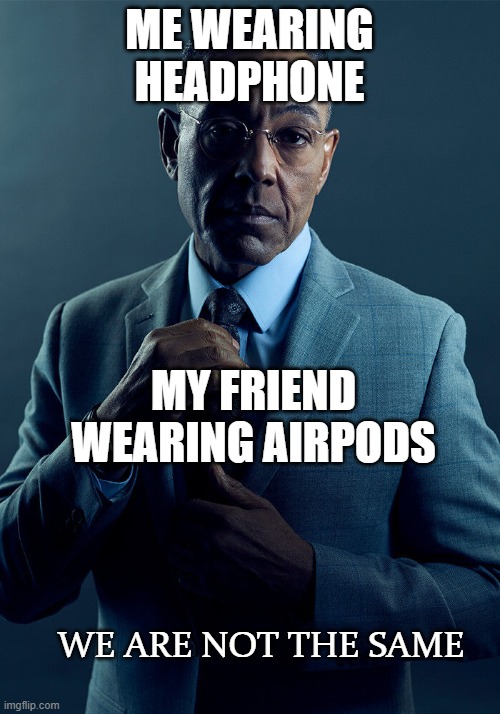 Gus Fring we are not the same | ME WEARING HEADPHONE; MY FRIEND WEARING AIRPODS; WE ARE NOT THE SAME | image tagged in gus fring we are not the same | made w/ Imgflip meme maker