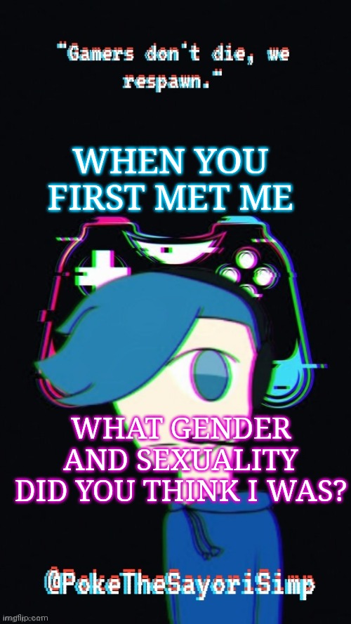 Pokes third gaming temp | WHEN YOU FIRST MET ME; WHAT GENDER AND SEXUALITY DID YOU THINK I WAS? | image tagged in pokes third gaming temp | made w/ Imgflip meme maker